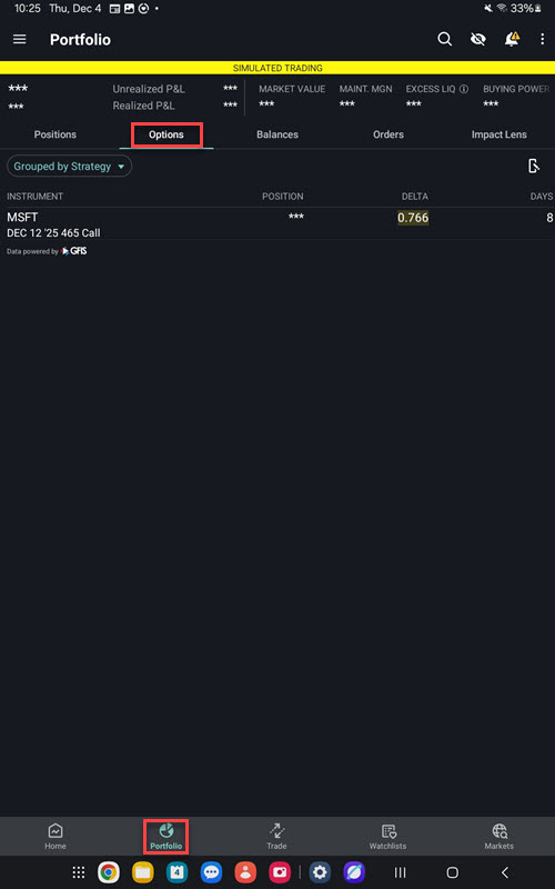 The portfolio options tab on the android tablet. 